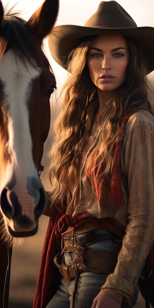 una mujer con el cabello largo y un caballo en el fondo