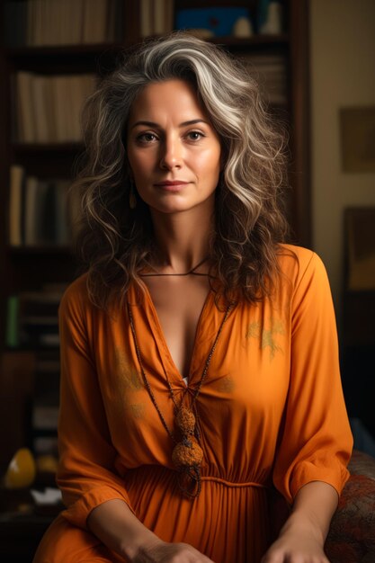 Mujer de cabello largo con camisa amarilla y collar