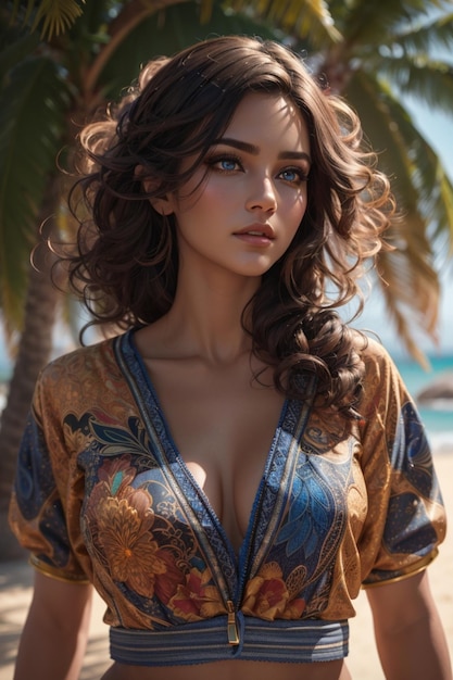 Una mujer con el cabello largo y una camisa azul está de pie en una playa.