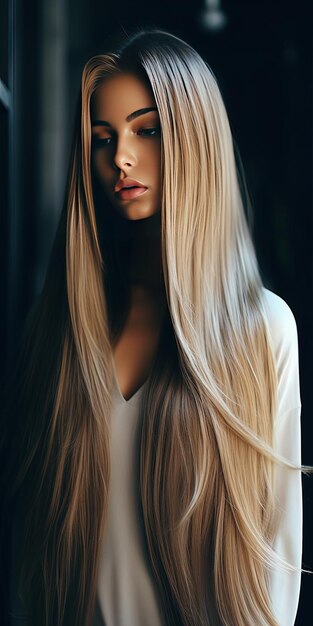 una mujer con cabello largo y una camisa blanca