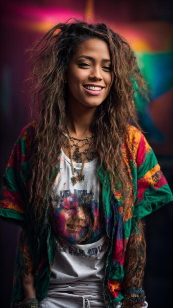 Una mujer de cabello largo con una camisa de colores