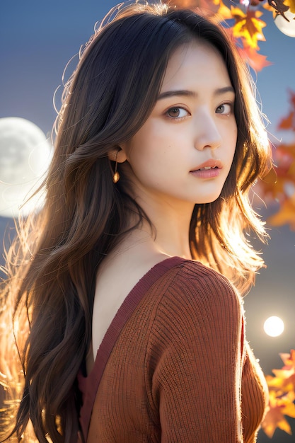 una mujer con cabello largo y castaño y una camisa marrón está parada frente a la luna llena.