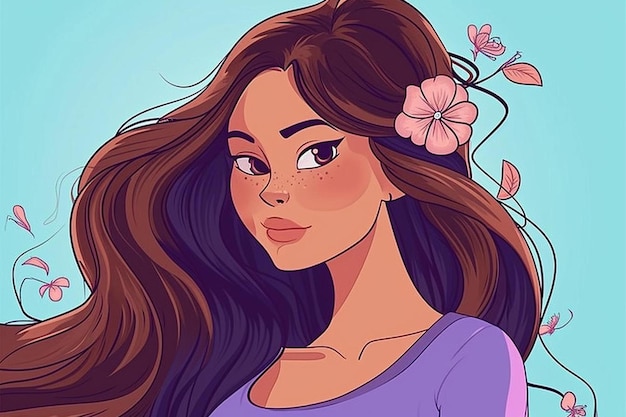 una mujer con cabello largo y castaño y una flor en el cabello