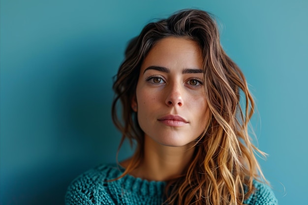 Foto una mujer con cabello largo y castaño y un suéter azul.