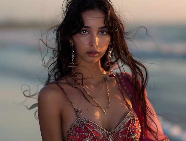 una mujer con el cabello largo y un collar en la cabeza