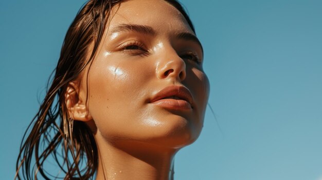 Una mujer con el cabello largo y una complexión bronceada está de pie en el sol