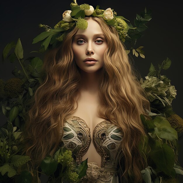 una mujer de cabello largo con una corona de flores