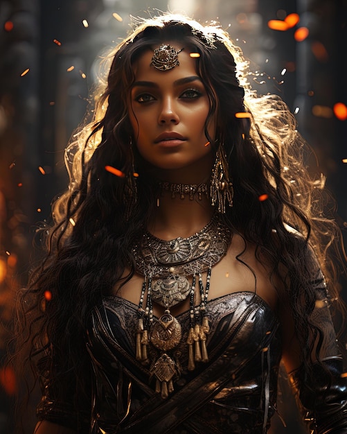una mujer con cabello largo y una corona de oro está de pie frente a una pared con fuego
