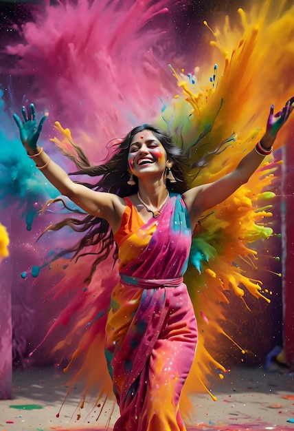 una mujer con cabello largo está bailando en salpicaduras coloridas