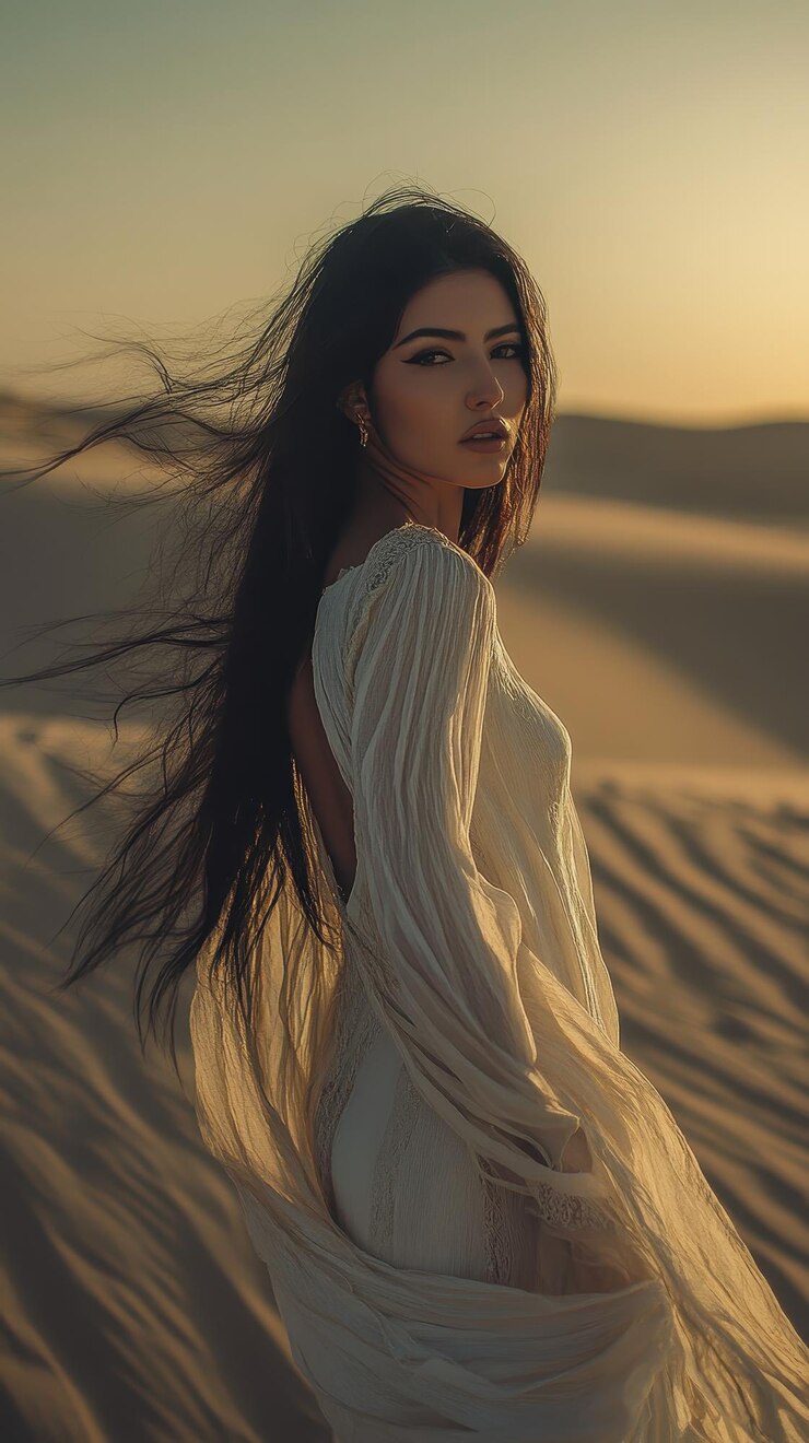 una mujer de cabello largo está de pie en el desierto
