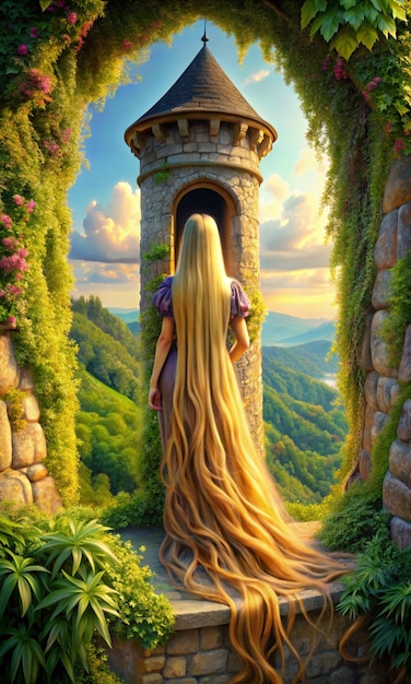 una mujer de cabello largo está de pie frente a un castillo