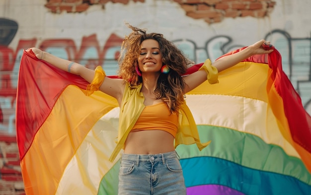 una mujer con cabello largo está de pie frente a un estandarte de color arco iris