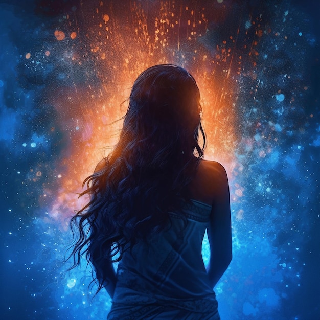 una mujer de cabello largo está de pie frente a un fondo azul con las palabras " el universo "