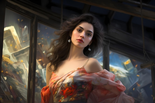 una mujer con cabello largo está de pie frente a una pintura de un barco