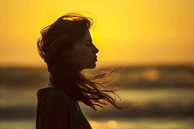 una mujer con cabello largo está de pie frente a una puesta de sol