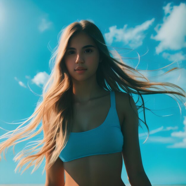 Una mujer con cabello largo está de pie en una playa.