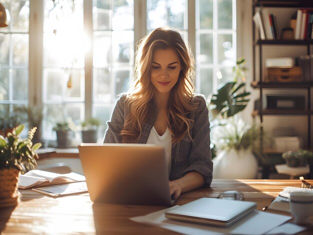 Una mujer con el cabello largo está sentada en una mesa usando una computadora portátil