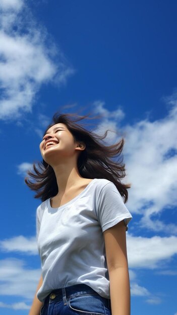 una mujer con el cabello largo está sonriendo y el cielo es azul