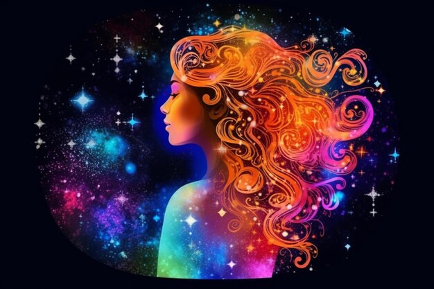 una mujer con cabello largo y estrellas en el fondo generativo ai