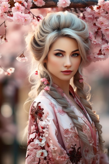 una mujer con cabello largo y flores en el cabello