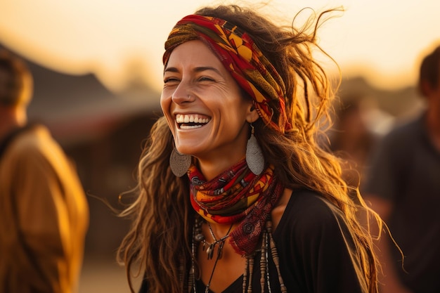 Una mujer con el cabello largo y fluido usa un pañuelo y brilla de felicidad