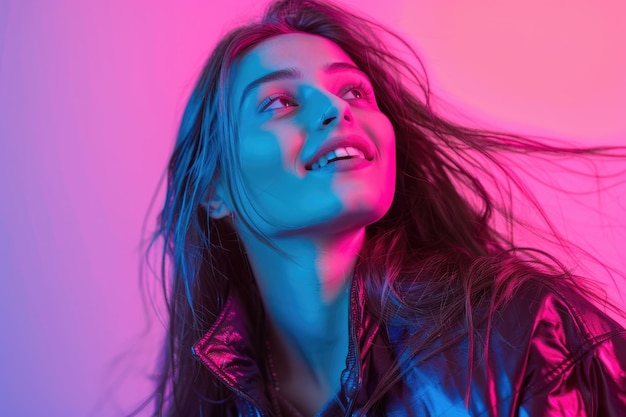 una mujer con cabello largo y un fondo azul y rojo