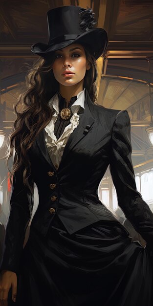 una mujer con cabello largo lleva un traje negro y una camisa blanca