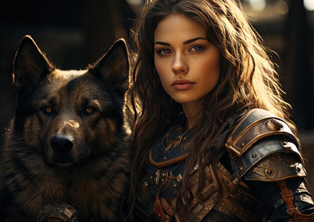 una mujer con cabello largo y un lobo en su pecho está al lado de un perro