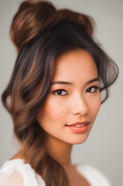 Foto una mujer con el cabello largo y marrón y un cabello largo marrón