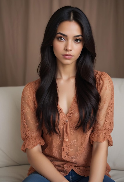 una mujer con el cabello largo y marrón y una camisa marrón