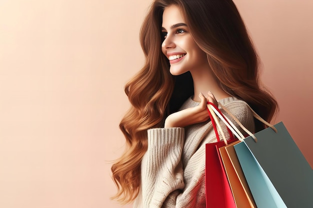 mujer con el cabello largo y marrón está sonriendo y sosteniendo varias bolsas de compras