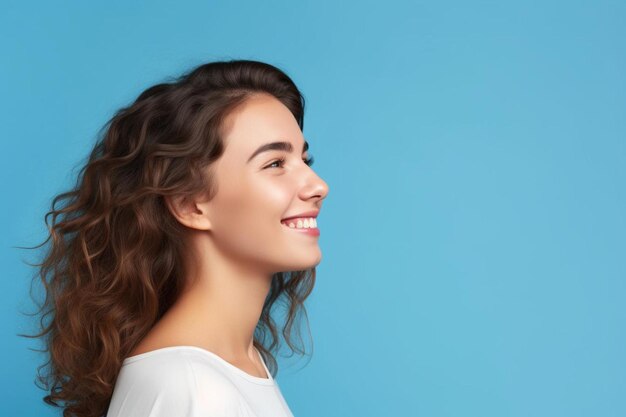 Foto una mujer con el cabello largo y marrón y un fondo azul