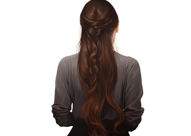 Mujer con el cabello largo y marrón mostrando su espalda a un fondo blanco