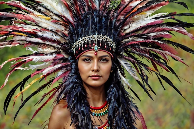 Foto una mujer con el cabello largo y negro y un gran tocado de plumas adornado con varios colores y joyas