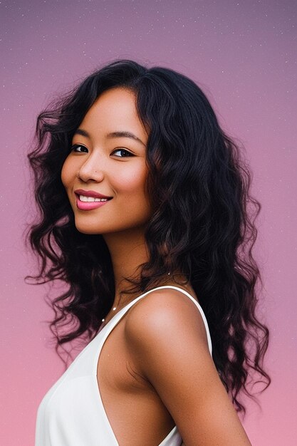 Una mujer con el cabello largo y oscuro se encuentra contra un fondo rosa con un fondo rosa.