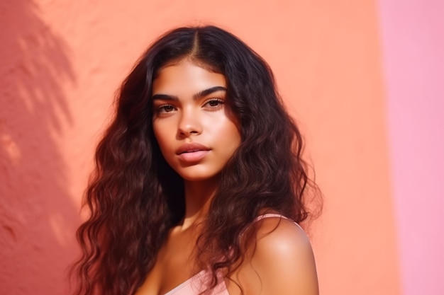 Una mujer con cabello largo y oscuro se para frente a una pared rosa.