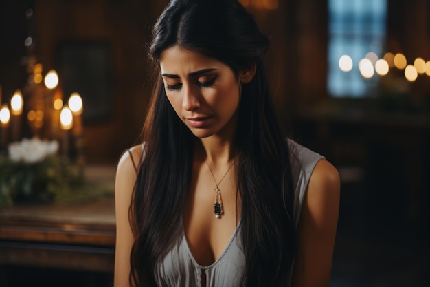 una mujer con cabello largo y oscuro sentada frente a las velas