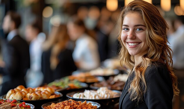 Foto una mujer con el cabello largo está de pie frente a un buffet de comida