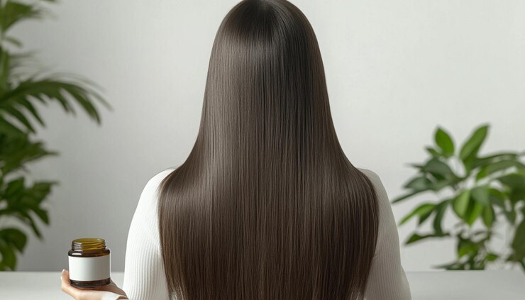 una mujer con el cabello largo con una planta verde en el fondo