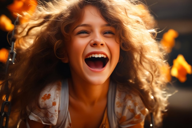 Foto mujer con el cabello largo riendo y sosteniendo el teléfono celular