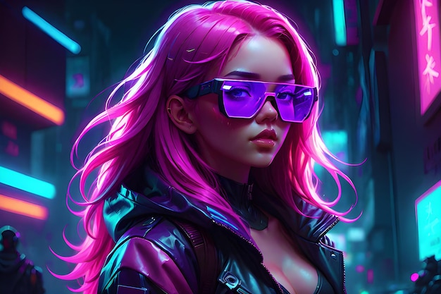 Foto mujer con cabello largo rosado usando gafas de neón cyberpunk iluminación púrpura resplandor gen ai