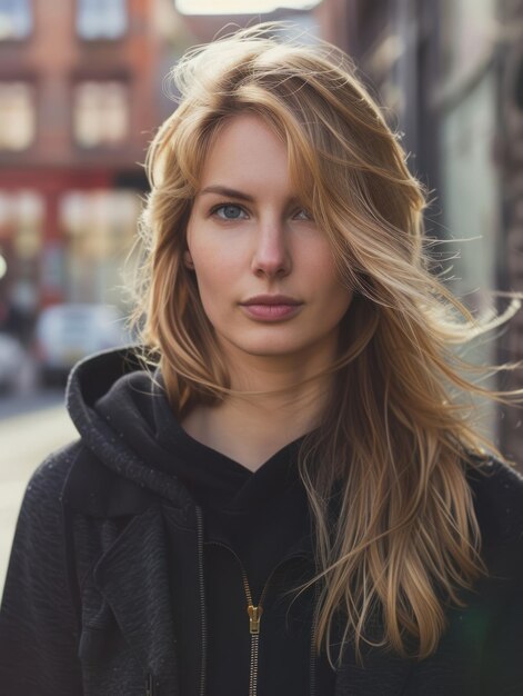 una mujer con el cabello largo y rubio y una capucha