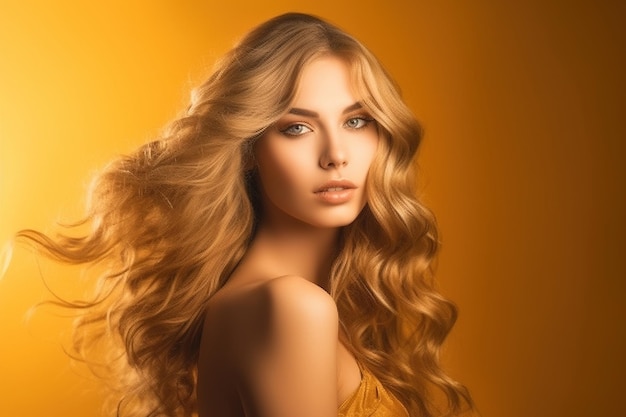 Una mujer con cabello largo y rubio con un fondo amarillo.