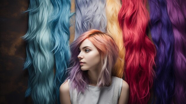 Foto mujer con cabello largo rubio hermoso peinado femenino con colorido cabello ondulado brillante cabello recto salón de peinados