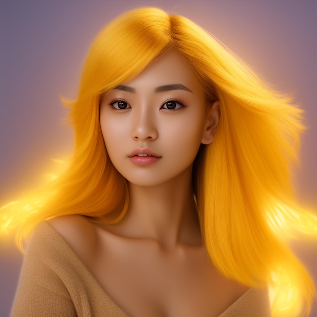 Una mujer con cabello largo y rubio y una luz amarilla en su rostro.