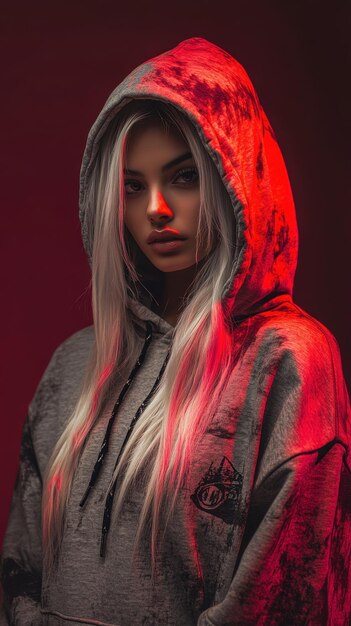 una mujer con cabello largo y rubio con una sudadera con capucha