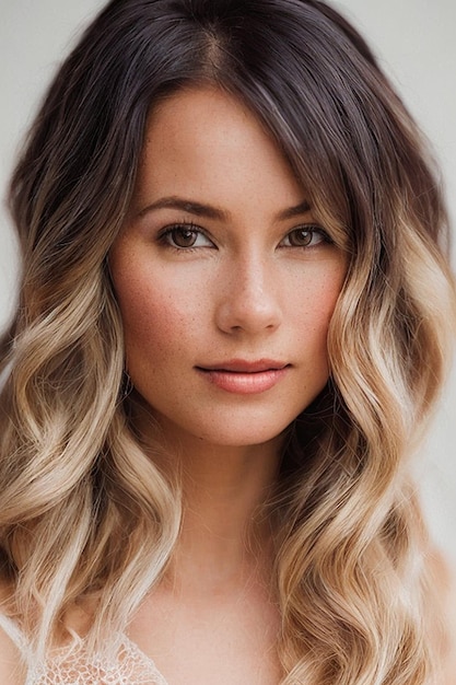 Una mujer con cabello largo y rubio y un vestido blanco.