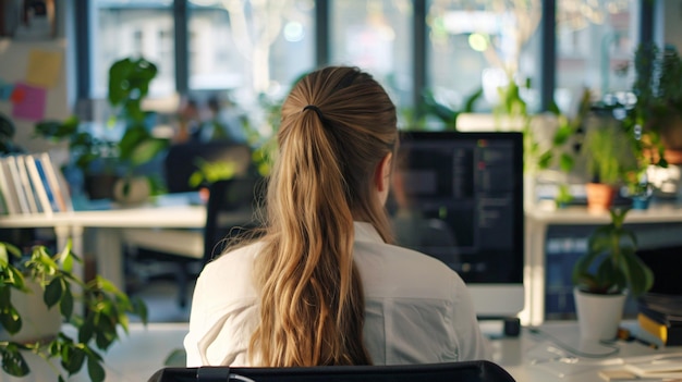 una mujer con cabello largo se sienta frente a una pantalla de computadora
