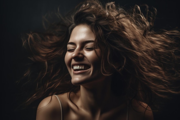 Una mujer de cabello largo sonríe y tiene los ojos cerrados.