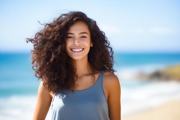 Mujer con cabello largo sonriendo a la cámara en la playa IA generativa